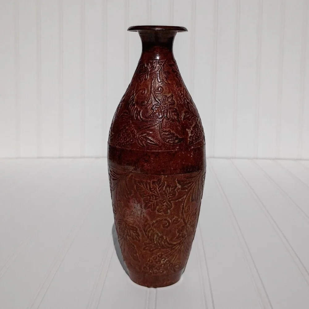 Vtg Cast Bronze Vase Grape & Vine Embossed Bottle Mid-Century Verdigris 9.75